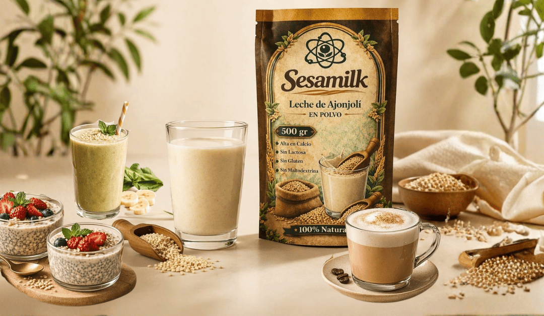 Leche de ajonjolí Sesamilk acompañada de un desayuno saludable